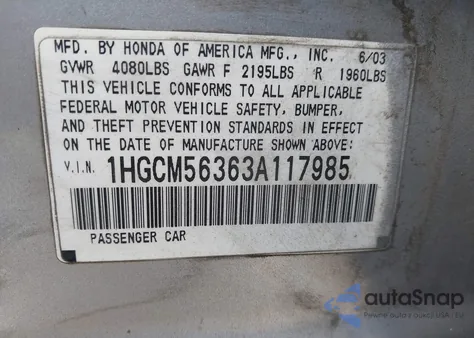 2003 Honda Accord 2.4 Lx из США, поврежденный, VIN 1HGCM56363A117985